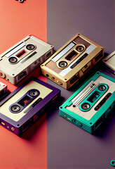 Poster - Beautiful magnetic cassette tapes on a multivolored background. 