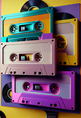 Wall Mural - Beautiful magnetic cassette tapes on a multivolored background. 