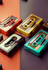 Poster - Beautiful magnetic cassette tapes on a multivolored background. 