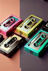 Poster - Beautiful magnetic cassette tapes on a multivolored background. 