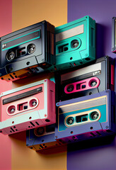 Poster - Beautiful magnetic cassette tapes on a multivolored background. 