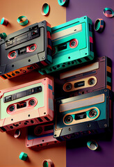 Poster - Beautiful magnetic cassette tapes on a multivolored background. 