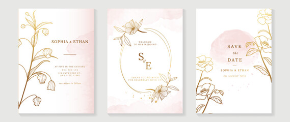 Luxury wedding invitation card background vector. Elegant botanical flower leaf branch gold line art and watercolor texture background. Design illustration for wedding and vip cover template, banner.