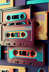 Poster - Beautiful magnetic cassette tapes on a multicolored background. Creative Concept Of Retro Style. 