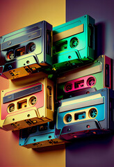 Poster - Beautiful magnetic cassette tapes on a multicolored background. Creative Concept Of Retro Style. 