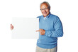 © Grady R/peopleimages.com - Poster mockup, portrait or elderly man point at marketing placard, advertising banner or product placement. Studio mock up, billboard promotion sign or happy sales model isolated on white background
