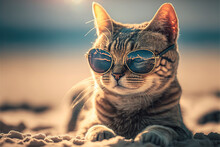 Cool Cat With Sunglasses On The Beach 