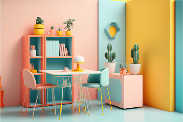 Abstract, beautiful, hardworking pastel office furniture, workplace, working hard in the office. Pleasant pastel working atmosphere. Illustration. Generative AI.