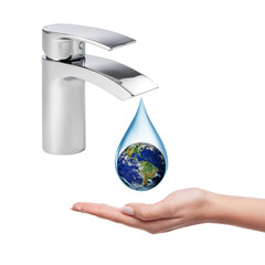 Wall Mural - Lack of water on earth concept. Water scarcity in the world. Earth in a drop of water dripping from the faucet to the hand. Elements of this image furnished by NASA.