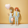 Fashionable kids couple in love. The old fashioned, retro way of loving. Modern elegant children in fashion clothes in matching pastel outfit and heart balloon. Illustration. Generative AI.