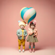 Fashionable kids couple in love. The old fashioned, retro way of loving. Modern elegant children in fashion clothes in matching pastel outfit and heart balloon. Illustration. Generative AI.