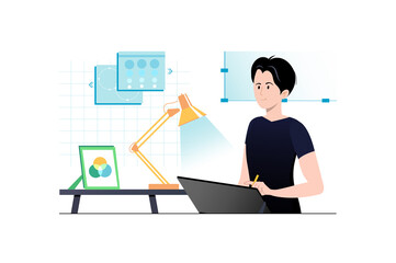 Poster - design studio concept with people scene in flat cartoon design. designer works in the studio on crea
