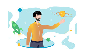 Aufkleber - Concept metaverse with people scene in flat cartoon design. Man interacts with various virtual objects in the Internet space.