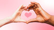 © denis_vermenko - Heart formed by hands caucasian and African American. Diversity concept on pink background. Heart sign with woman and man hands. Trend illustration collage.