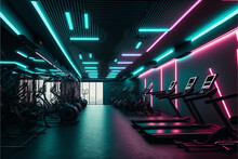 Modern Gym, Neon Illuminated, Futuristic, Cardio And Strength Training, Generative Ai