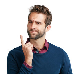 Aufkleber - Businessman, face and thinking in studio pointing, creative and vision on white background. Portrait, planning and young, handsome man with goal, motivation and startup, business idea and isolated