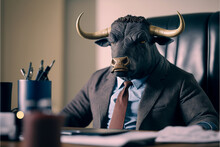 Portrait Of A Bull Businessman In A Stylish Classic Suit In The Office, Animal Boss In Human Body, Entrepreneur Anthropomorphic Illustration, Art Created By Ai