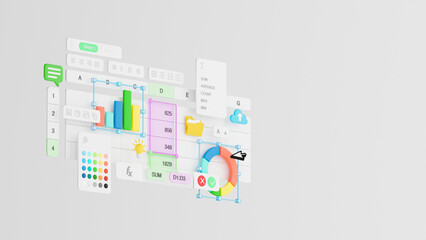 Fototapete - Spreadsheets graphs charts table data business financial report analysis screen software accounting management marketing document growth diagram planning calculate budget statistics. 3d rendering.