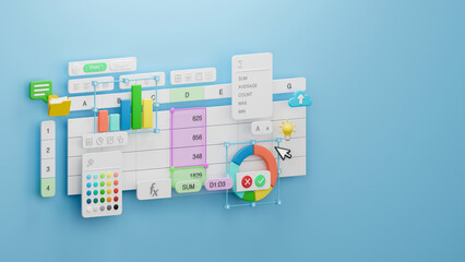 Fototapete - Spreadsheets graphs charts table data business financial report analysis screen software accounting management marketing document growth diagram planning calculate budget statistics. 3d rendering.