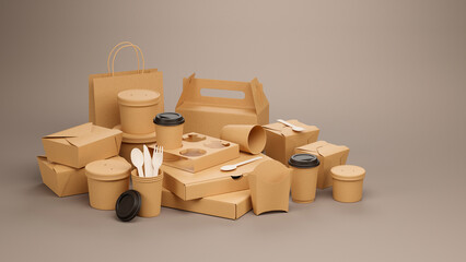 Packaging product brown craft cardboard paper eco mockup catering and street fast food boxes cups carton bag recycling delivery service disposable. 3d rendering.