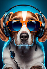 Wall Mural - Portrait of a funny dog in headphones and sunglasses. AI generated