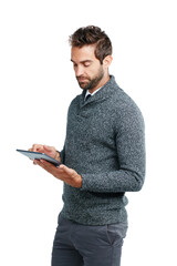 Poster - Serious, business man on tablet for research, social media content or networking in white background. Tech, data or manager isolated on touchscreen for social network, blog review or media app