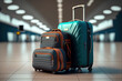 Two  suitcases standing in empty airport hall, unrecognizable traveller's luggage waiting in terminal, creative banner for air travels or vacation trip, panorama with copy space. Digital art