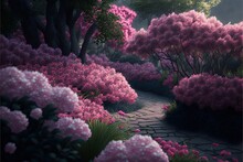  A Painting Of A Pathway With Pink Flowers And Trees In The Background, With A Path Leading To A Forest Of Pink Flowers, With A Path Leading To A Path Of Pink Flowers,.generative Ai