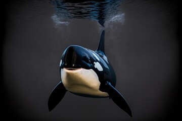  a large black and white whale swimming in the ocean with a black background and a black background with a white and black one and a black one and white one and one line line line., generative ai