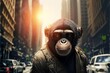 Stylish fashion monkey, chimpanzee walking in the street Cinematic landscape. Generative ai
