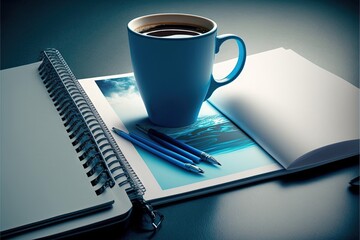  a cup of coffee and a notebook on a table with a pen and pencils on it and a notebook with a photo of a beach on it and a blue background with a black background., generative ai