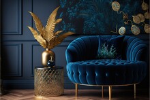 A Blue Chair And A Gold Table With A Plant On It In A Room With Blue Walls And Wood Floors And A Gold Plant On A Gold Stand With A Blue Cushion And Gold Plate., Generative Ai
