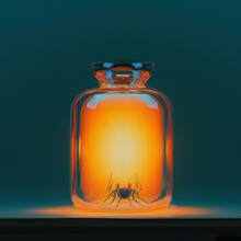 Small Spider In Large Glass Jar With Orange Glow And Copy Space Generative Ai Illustration