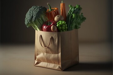  a bag full of vegetables and fruits on a table top with a dark background, with a brown paper bag with handles and handles, with a brown handle, with a brown paper bag., generative ai