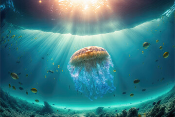  jellyfish swimming in the ocean with a light shining on it's head and a light