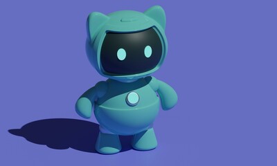 Poster - Turquoise cute robot cat toy on lilac background. 3d rendering