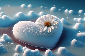  a heart shaped object with a flower on top of it in the snow with clouds in the background and a blue sky with white clouds and yellow center with white flowers in center, with., generative ai