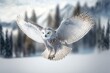  a white owl flying through a snowy forest filled with trees and snow covered mountains in the background is a snowy landscape with trees and a blue sky with white clouds and a few white snow.