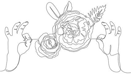 Poster - One continuous line of two hand holding a string with rose. Thin Line Illustration vector concept. Contour Drawing Creative ideas.