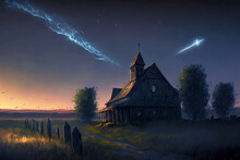 Abandoned Church In Village Against Backdrop Of Evening Sky And Bright Flashes From Shooting Star