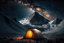 Camping In The Mountains - Tent Pitched Under The Stars And The Milky Way. Generative AI
