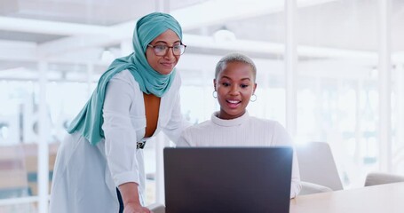 Sticker - Laptop, discussion and business people working on a project together in the modern office. Communication, corporate and muslim mentor training a black woman employee on a computer in the workplace.