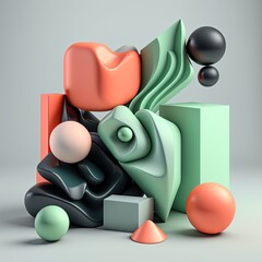 Poster - Abstract composition. Simple geometric shapes. Dark colored illustration. Floral elements. 3D rendering. Generative AI.