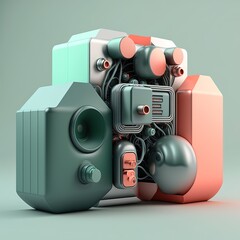 Poster - Abstract composition. Simple geometric shapes. Dark colored illustration. Technical elements. 3D rendering. Generative AI.