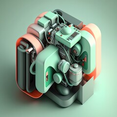Poster - Abstract composition. Simple geometric shapes. Dark colored illustration. Technical elements. 3D rendering. Generative AI.