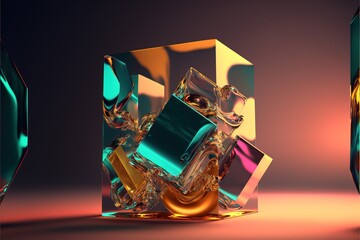 Poster - Simple glass figures. Frozen multicolored liquid. Gradient light. Luxurious abstract background. 3D rendering. Generative AI.