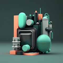 Poster - Abstract composition. Simple geometric shapes. Dark colored illustration. Technical elements. 3D rendering. Generative AI.