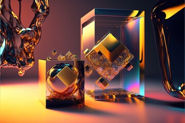 Poster - Luxurious abstract background. Simple glass figures. Frozen multicolored liquid. Gradient light. 3D rendering. Generative AI.