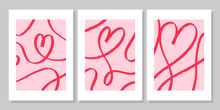 Set Of Posters With Heart. Valentine's Day Greeting Card. Continuous One Line Drawing Of Red Heart On Pink Background. Brush Texture Line Of Love Icon. Vector