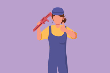 Wall Mural - Graphic flat design drawing female plumber holding wrench and wear helmet with thumbs up gesture, ready to work on repairing leaking drain in sink and houses drains. Cartoon style vector illustration